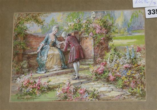 Eva Hollyer 18th century couple in a garden 7 x 10in.